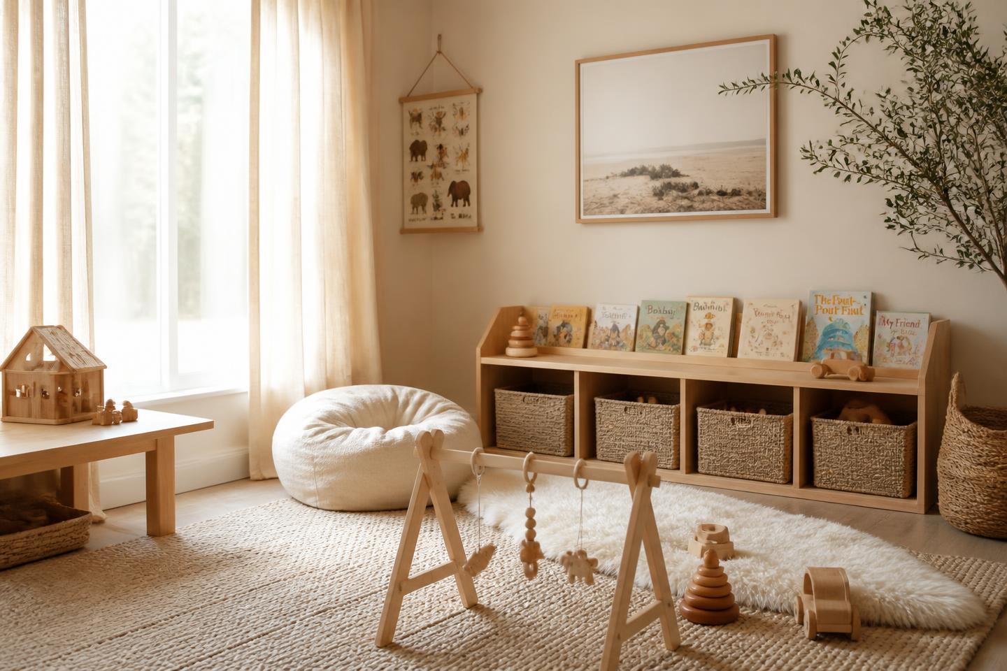 A warm, organised nursery with natural wooden toys, woven baskets, and soft natural light